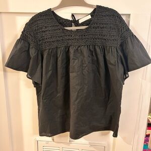 Merlette smocked yoke flutter sleeve tie back keyhole blouse top